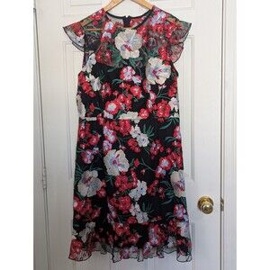 Donna Morgan Dress Womens 14 Mesh Embroidered Floral Flutter Sleeve Ruffle Hem